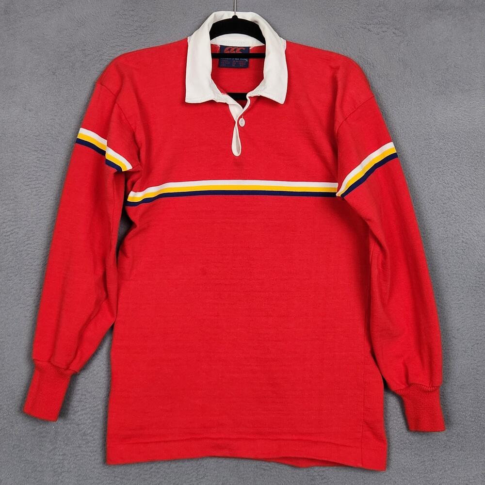 CANTERBURY OF NEW ZEALAND Rugby Polo Shirt Mens Medium Red Long Sleeved VINTAGE